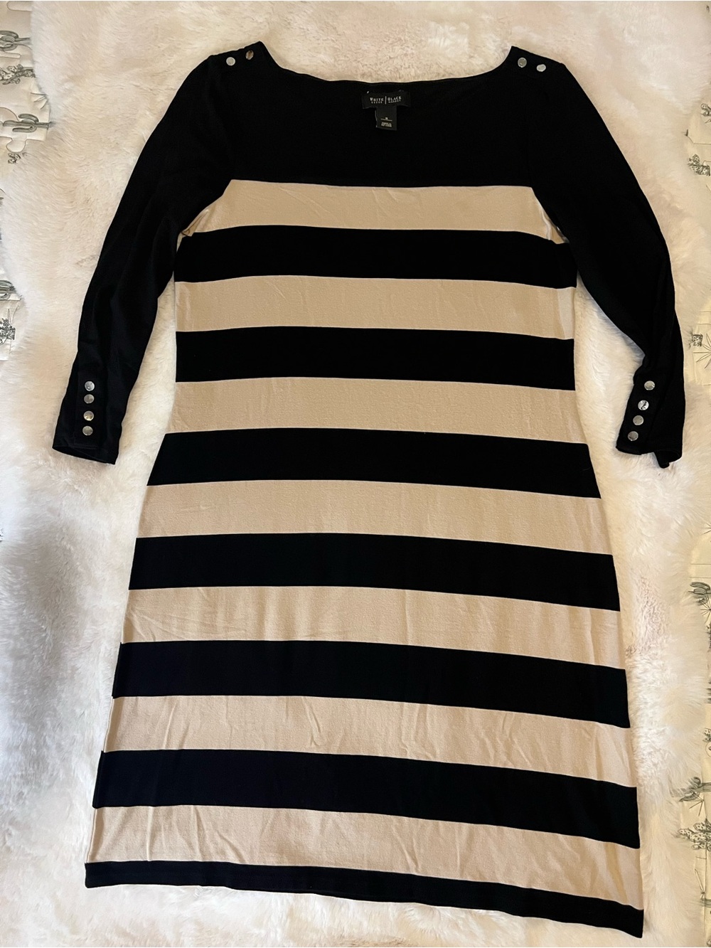 White House Black Market Black and Cream Striped Long Sleeve Dress